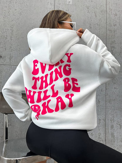 Every Thing Will Be Okay Creative Letter Hoody Female Casual Pocket Hoodie Fashion Loose Clothes Warm Comfortable Pullover