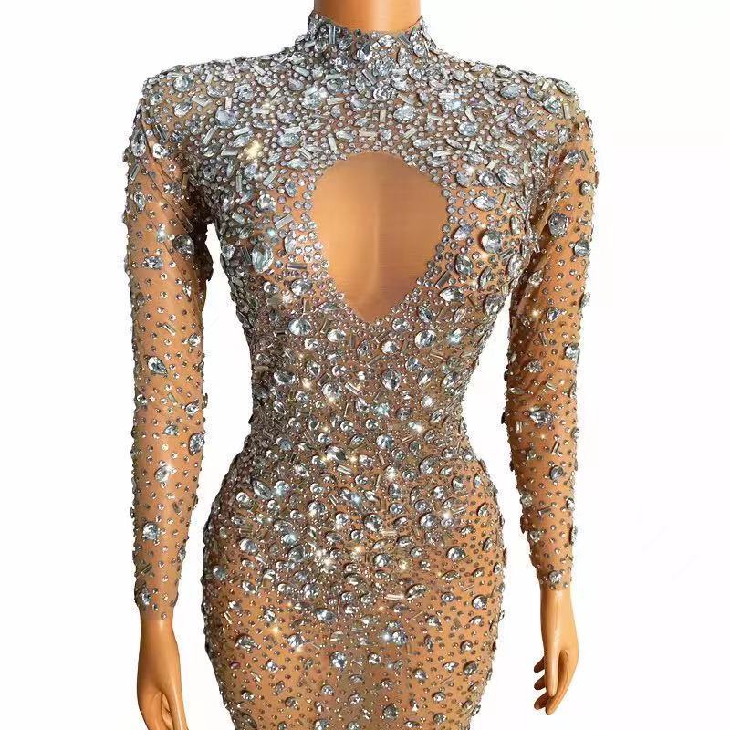 Female Song Catwalk Rhinestone Tassel Mesh Elastic Thin Latin Dance Skirt Dress Stage Performance Clothes